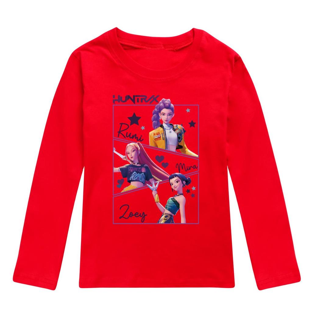 KPop Dämonenjäger Kinder Huntrix Langarm T-Shirt Cartoon Lässig O-Ausschnitt Oberteil für Jungen und Mädchen Mode Locker Jugendbekleidung