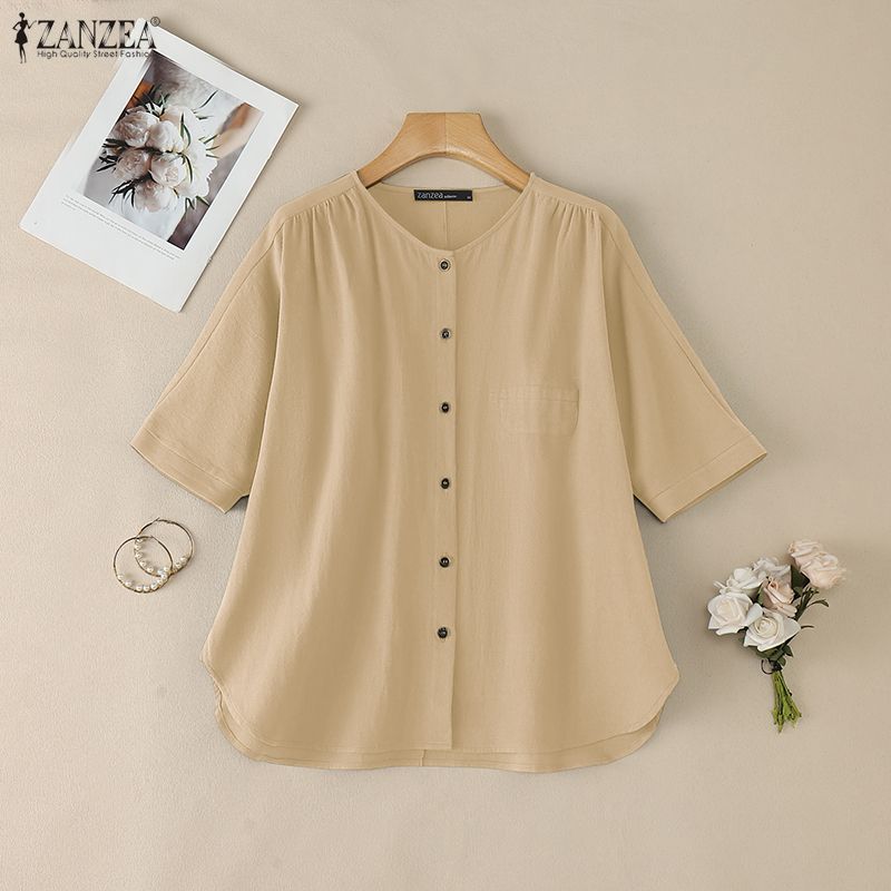 ZANZEA Dámská ležérní bavlněná halenka s kulatým výstřihem, jednobarevná, s 3/4 rukávem