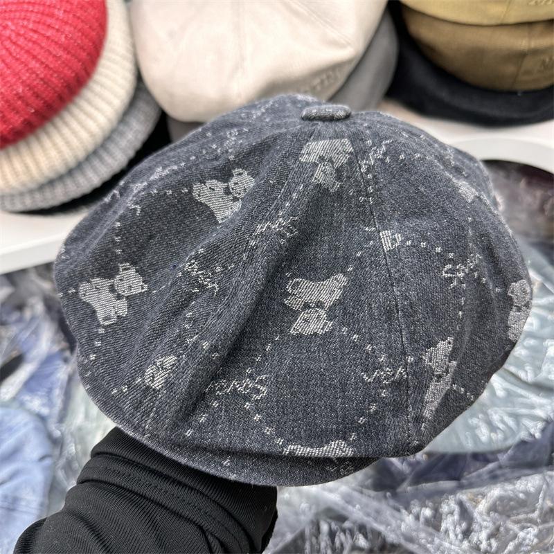 Washed retro bear cowboy beret women's spring and autumn versatile octagonal hat big head circumference showing face small hat