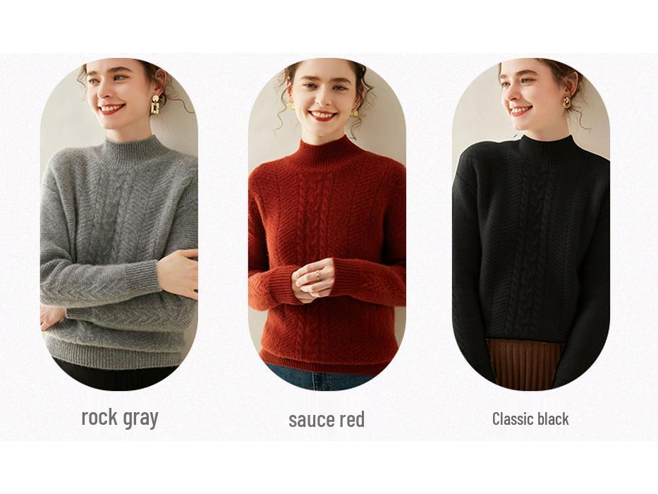 Women's Cashmere Semi-High Neck Long Sleeve Pullover - Solid Color, Casual, Loose, Thickened for Autumn/Winter.