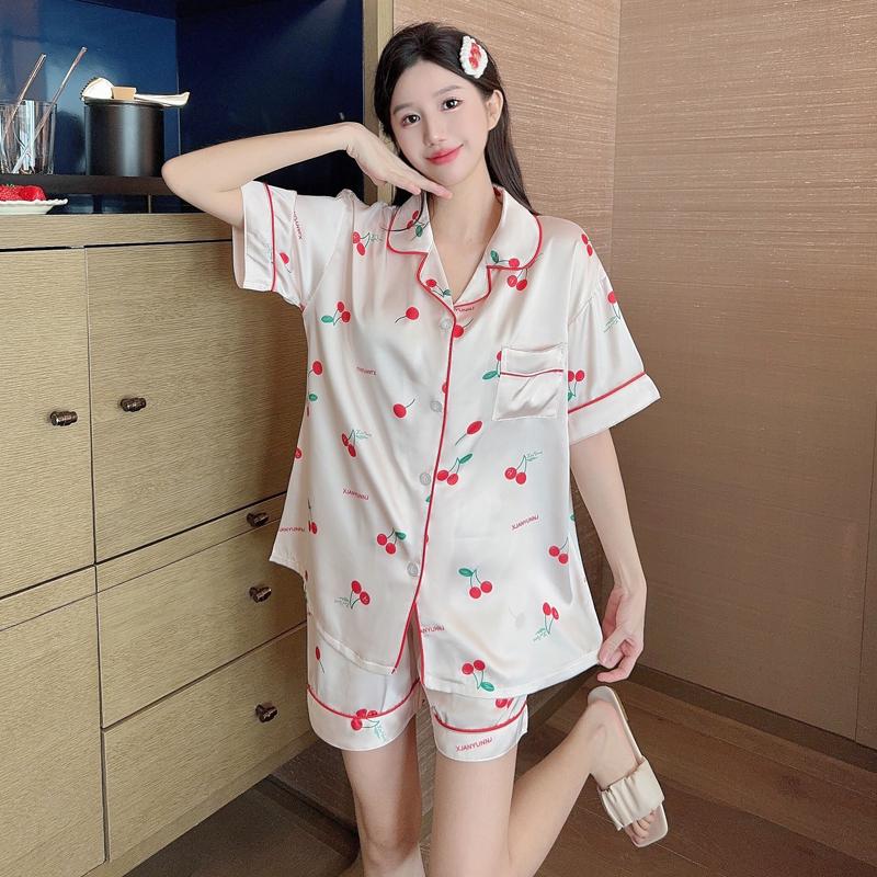 Ins Japanese Casual Pajamas Women's Summer Thin Girl's Home Lapel Cardigan Two-piece Set Fashion Pyjamas Women Homewear