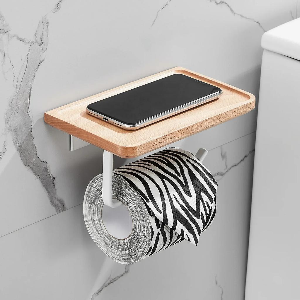 Houten toiletrolhouder Badkamer Muurbevestiging Toiletrol Telefoonhouder Plank Opslag Handdoekrol Plank Accessoires