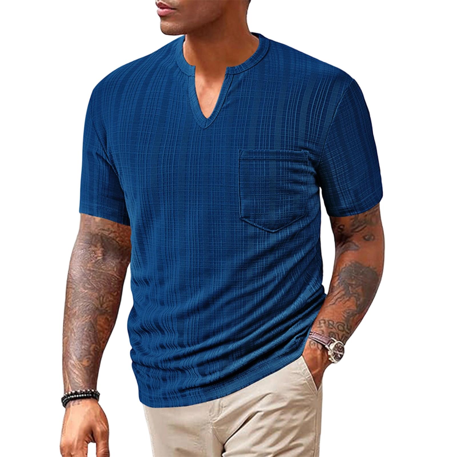 

Men s Fashion Sports Casual Full Polyester Imitation Linen Small Checkered Men s V,neck Short,sleeved T,shirt M Темно-синій