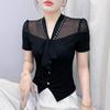 New European Summer T-Shirt Sexy Bow Lace-up V-Neck Hot Diamonds Women's Top Streetwear Short Sleeve Slim Tee