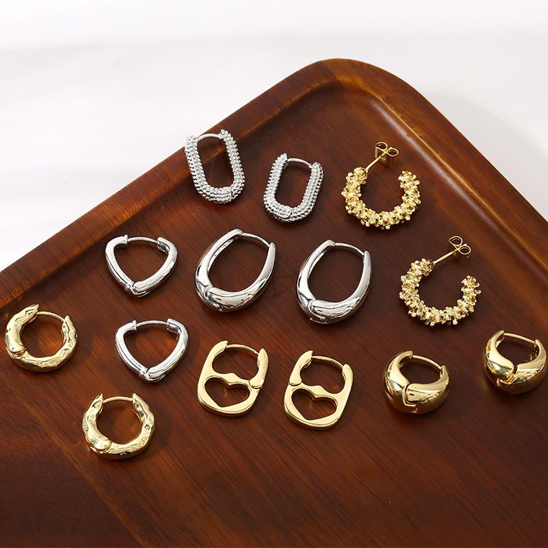 Geometry Irregular Smooth Metal Ear Buckle Earrings for Women Girls Vintage Fashion Gold Color Oval Earrings Punk Zircon Set