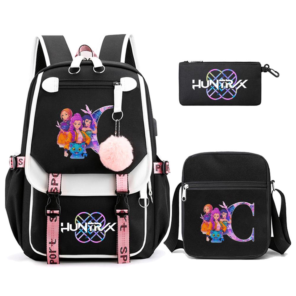 3Pcs/set Anime Cartoon 26 English Letter Printed Backpack with Shoulder Bag for Teenager Student Girl Boy Bookbag Large Capacity Travel Bag Kid Gift