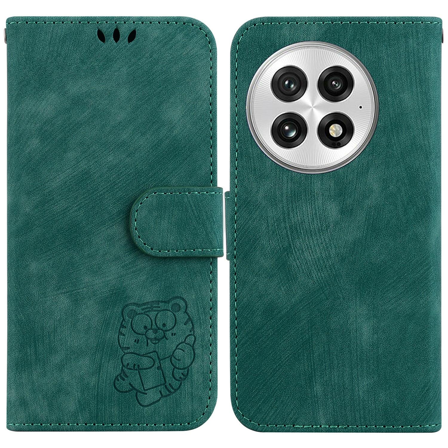 

For OnePlus 13 Wallet Case Tiger Imprint Leather Shockproof Phone Cover Green