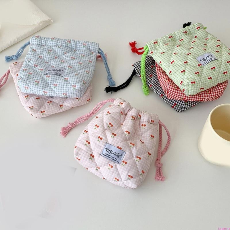 Small Cherrys Gingham Drawstring Bag For Travel Storage Organizing Small Items Portable Pouches