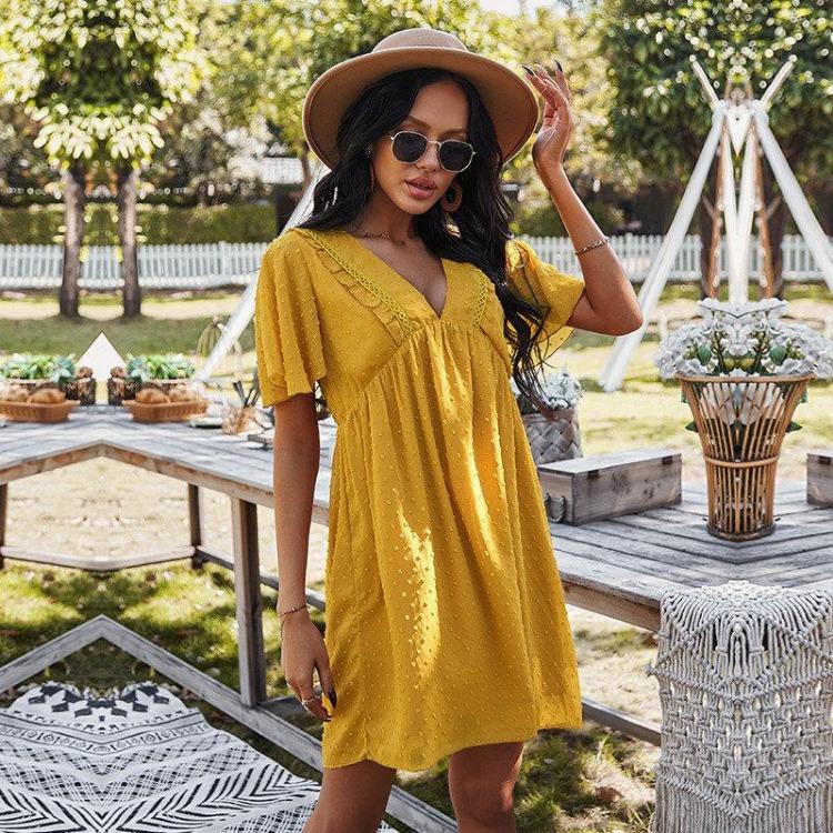 V Neck Short Sleeve Casual Women Dress High Waist Solid Sexy Jacquard Summer Spring S M L XL Yellow Blue Black