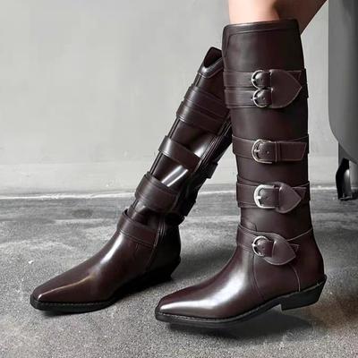 Mode Damen Designer Leder Hohe Stiefel Spitzzehen Flats Schnallenschuhe Frau 2024 Trend Schneestiefel Winter Neu Mujer Motorradstiefel