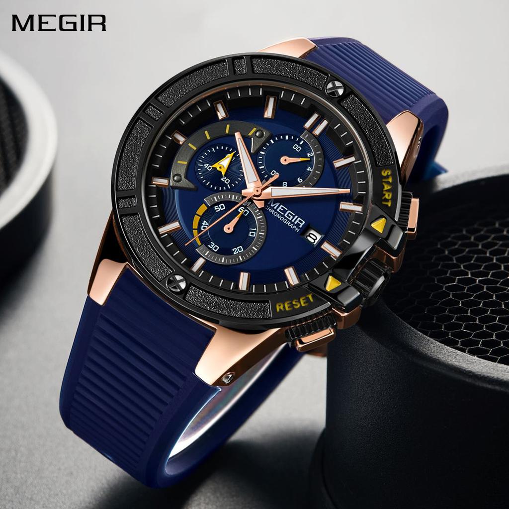 MEGIR Watches for Men Chronograph Fashion Sports Wristwatch Silicone Strap Waterproof Multi-functional Quartz Watch Clock 2095