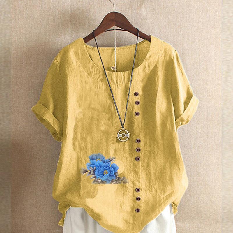 Women's Fashion Round Neck Short Sleeve T-shirt Casual Cotton Linen Graphic Shirt Leisure Loose Blue Flower Prined Summer Blouse Tops