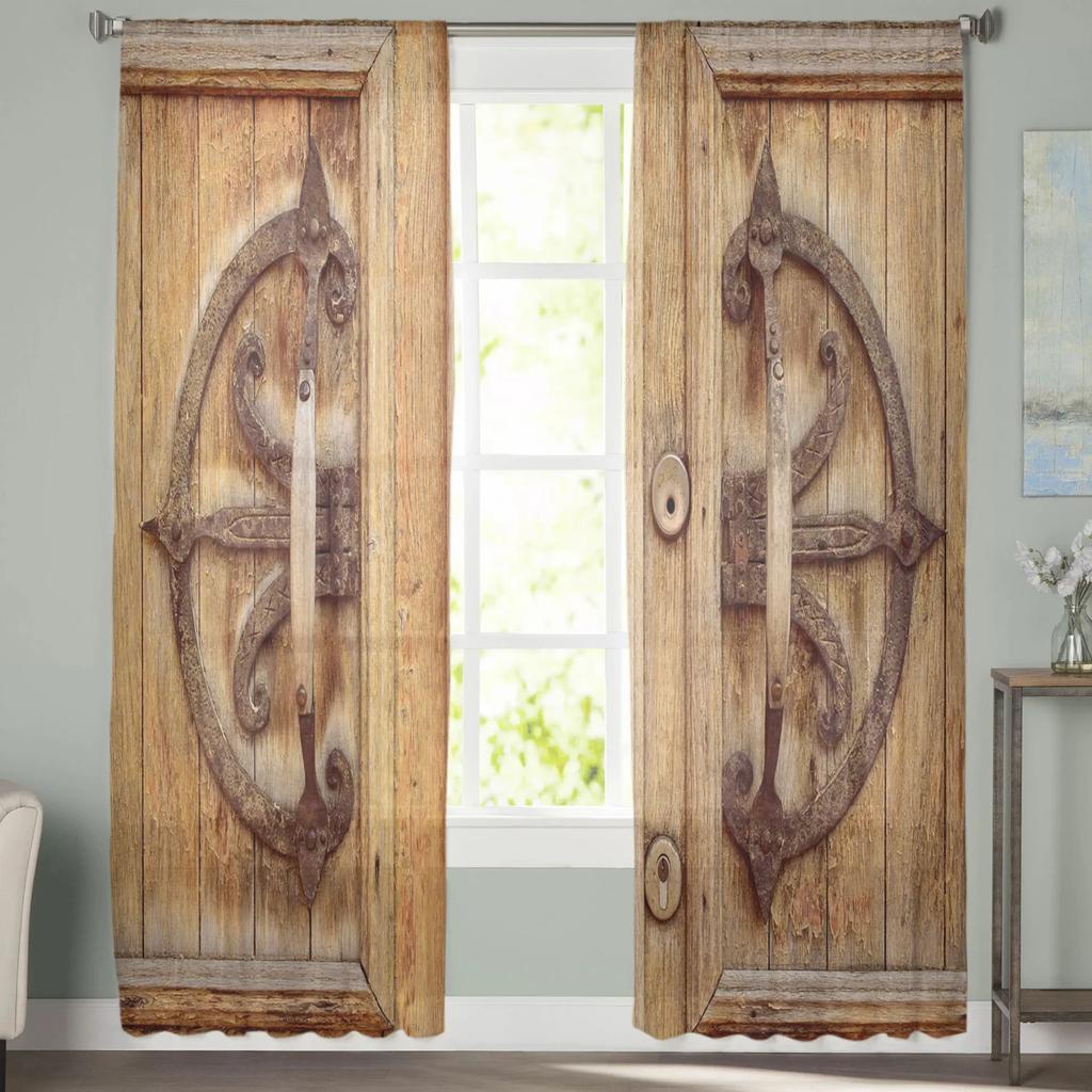 Moderne Vintage Holztür Türrahmen Tüllvorhänge Wohnzimmer Dekoration Chiffon Voile Küche Schlafzimmer Fenstervorhang mit Lichtfilterung Polyester