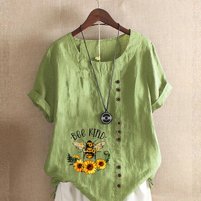Women's Fashion Sunflower Bees Prined Short Sleeve T-shirt Loose Cotton Shirt Casual Loose Summer Blouse Tops Plus Size