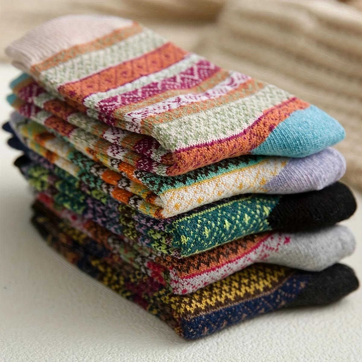 

5pairs Bohemian pattern plush thick socks, ideal for everyday use, commuting and comfortable indoor flooring - Cozy Winter Socks