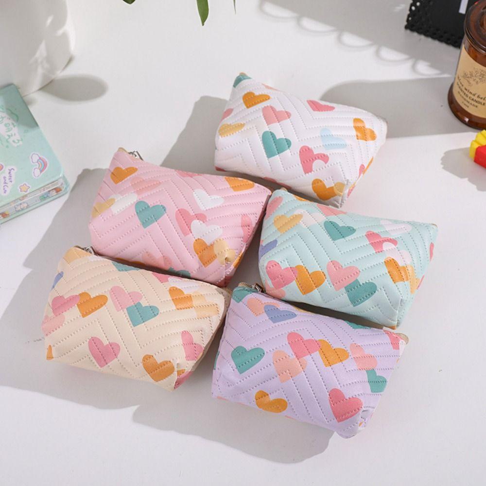 Multi-functional PU Leather Coin Purse Heart Patterns Zipper Closure Mini Wallet Small Makeup Bag Home Travel Lipstick Holder