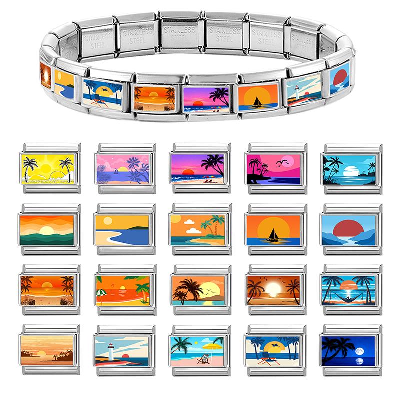 New Brilliant Sunrise Sunset Beach Coconut Trees Scenery Italian Charm Links Fit 9MM Stainless Steel Bracelet DIY Making Gift