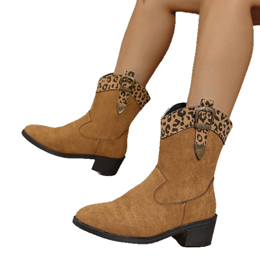 Fashion Retro Women's Short Boots High Quality Women's Knight Boots Printing Sexy Pointed Toe Shoes Leopard Print Spliced Western Boots