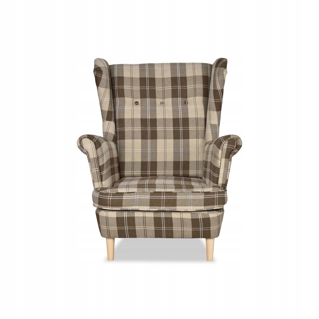 Fotel uszak Winston z podnóżkiem pufą Family Meble krata brązowo - beżowa