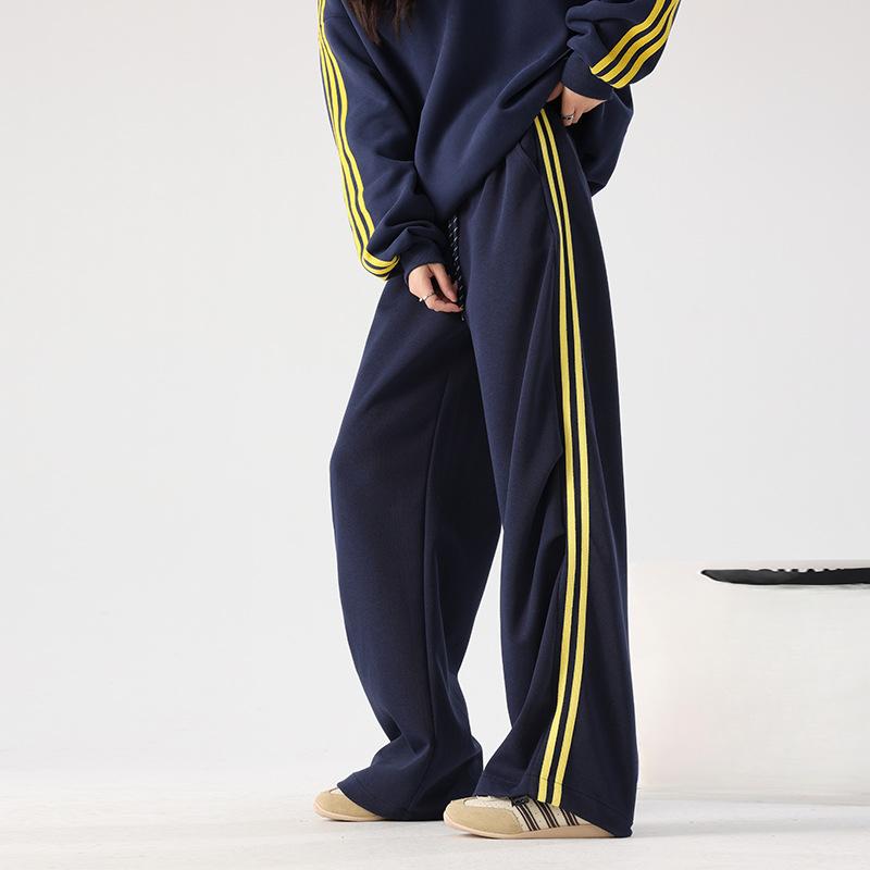 Pantaloni sport casual paraleli pentru femei Primăvara și toamna Noi Talie înaltă Largi Drepți Picior lat Șnur de strângere Mâneci ajustate Pantaloni de trening