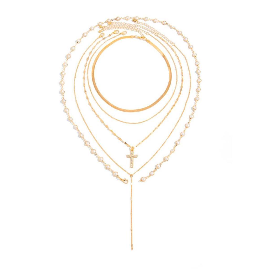 IngeSight.Z 5Pcs/Set Vintage Gold Color Cross Pendant Necklace Trend Imitation Pearl Rhinestone Choker Neck Accessory Jewelry