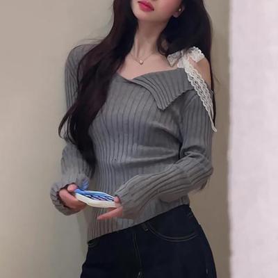 Autumn Slim Fit Irregular Skew Neck Sexy Pullover Sweaters Women Patchwork Lace Ribbon Knitted Sweater Woman Elegant Solid Casual Base Knitwear 25349