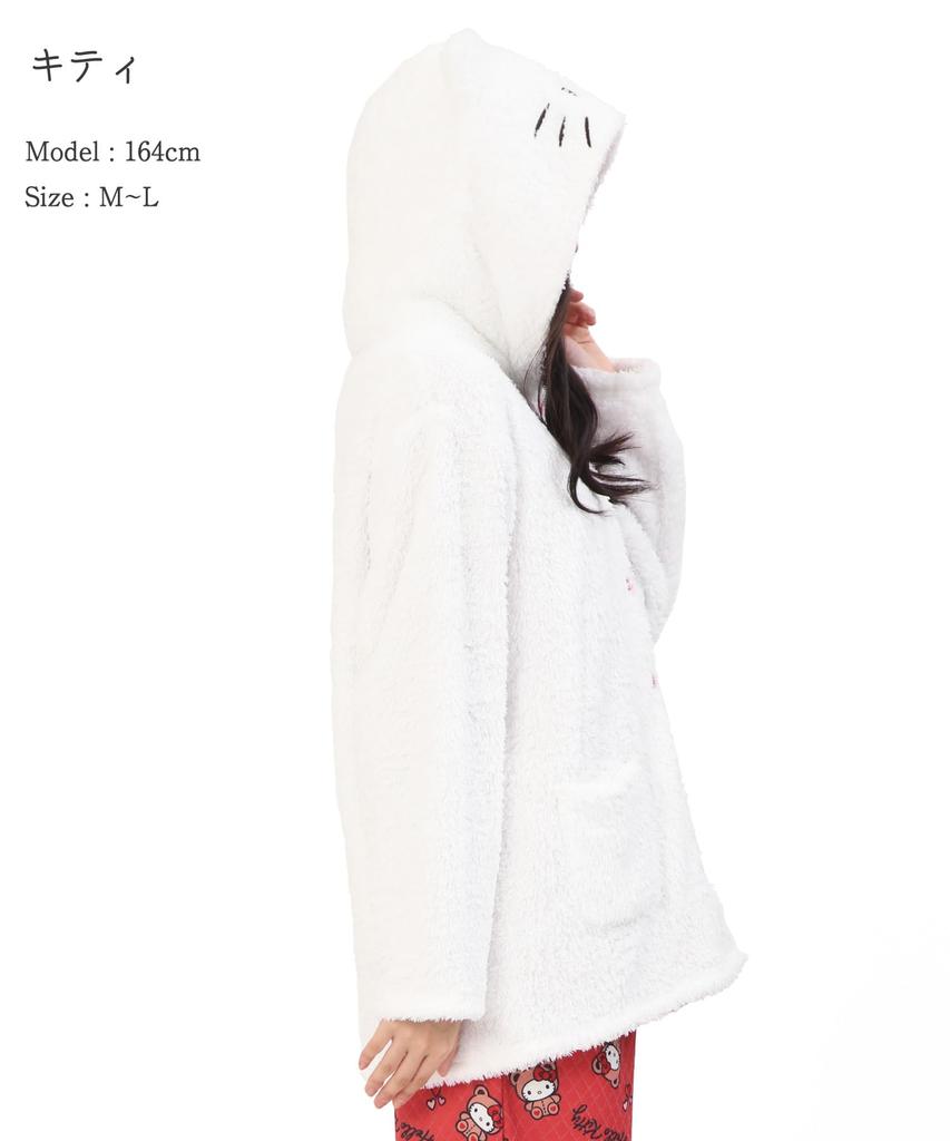 SAZAC Hello Kitty Pajamas for Hello Kitty with Daniel Long Open Poodle Boa Loungewear for Fall and Winter Women, Costume, Sleeve, Front, Fabric,