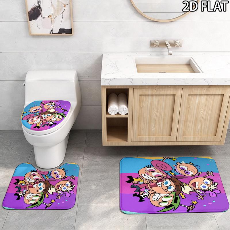 3pcs The Fairly OddParents Pattern Flannel Nonslip Absorbent Washable Decorative Bathroom Home Toilet Seat Cover Mat
