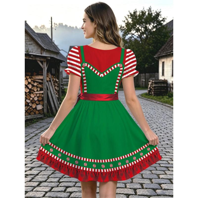 Christmas Party Dress European Court V-Neck Short Sleeve Flared Skirt Gingerbread Man Print