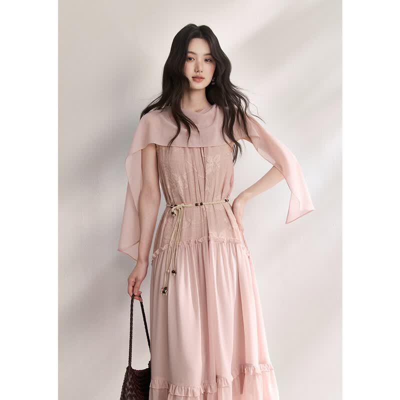 Miexu French Retro Halter Midi Dress with Lace & Belt