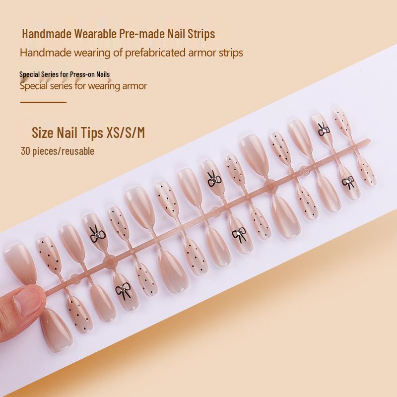 

High-End Black Cat Eye Polka Dot False Nails with Rhinestone Bow Adhesive Type