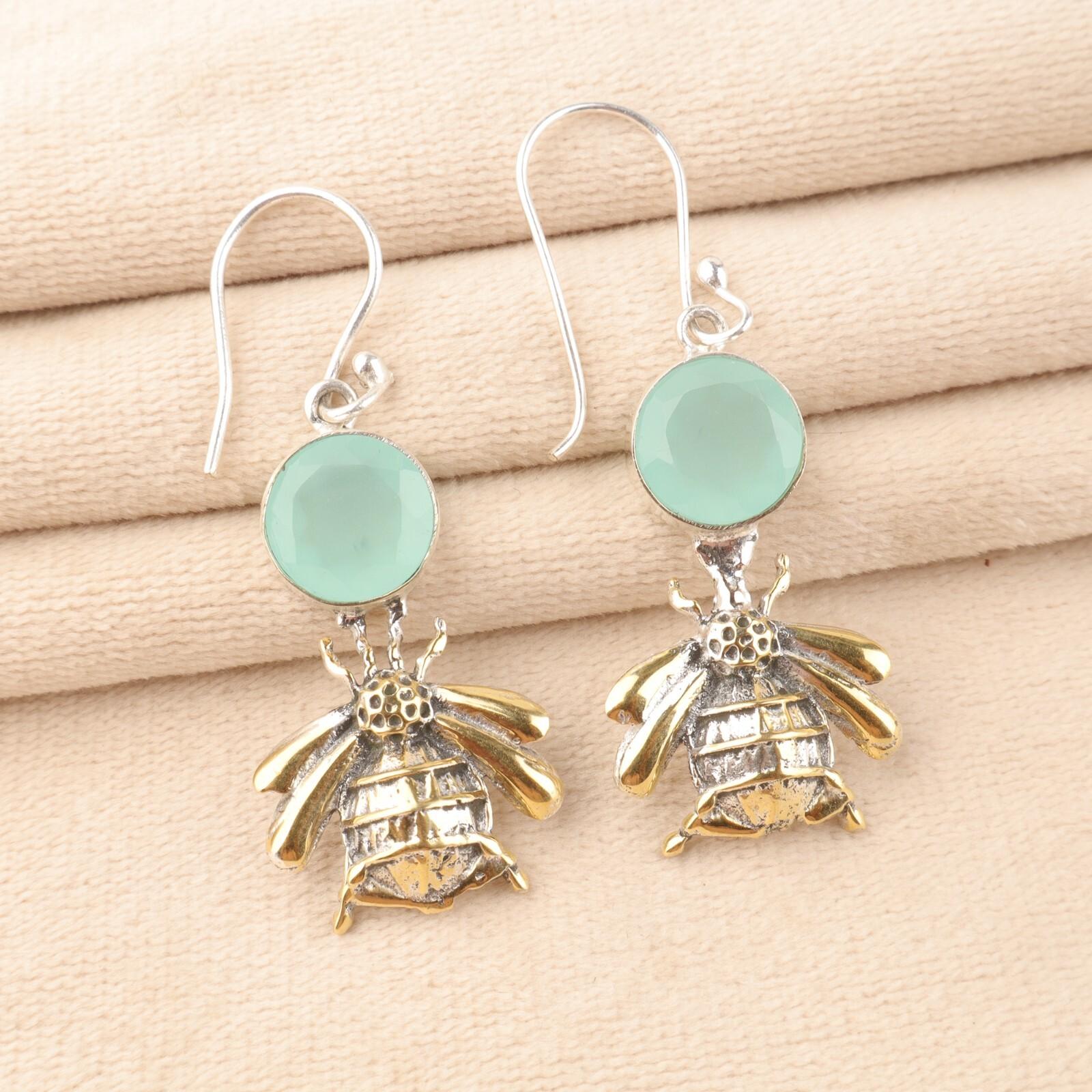 

Аква Халцедон Драгоценный Камень 925 Стерлинговое Серебро Ювелирные Изделия Ручной Работы Серьги Пчелы 2 EE-154-14