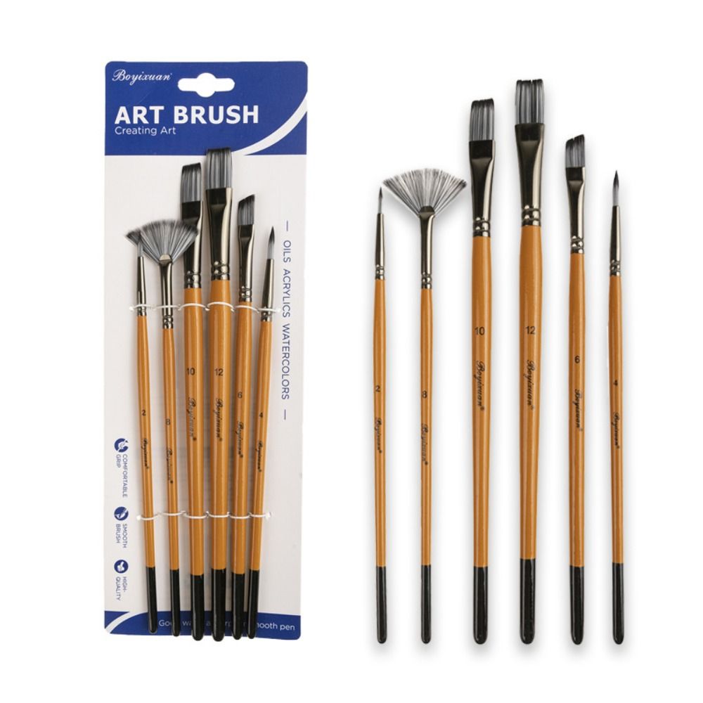 Wooden Handle Acrylic Oil Brushes Round Head Art Paint Brushes 6pcs/set Art Supplies  Artist