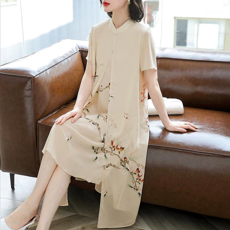 Summer Chiffon Cheongsam Dress for Women Flowy Loose Fit Floral Print Vintage Style Elegant and Comfortable