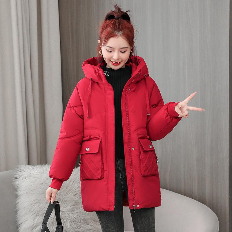 

Новая Межсезонная Утепленная Хлопковая Одежда Женская Средней Длины с Капюшоном Хлопковая Куртка Зимняя Свободная Холодная Куртка M красный