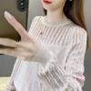 Loose Sexy Hollow Out Solid Pleated Lace Patchwork T-Shirts Round Neck Casual Women's Clothing Pullovers Autumn Winter Thin