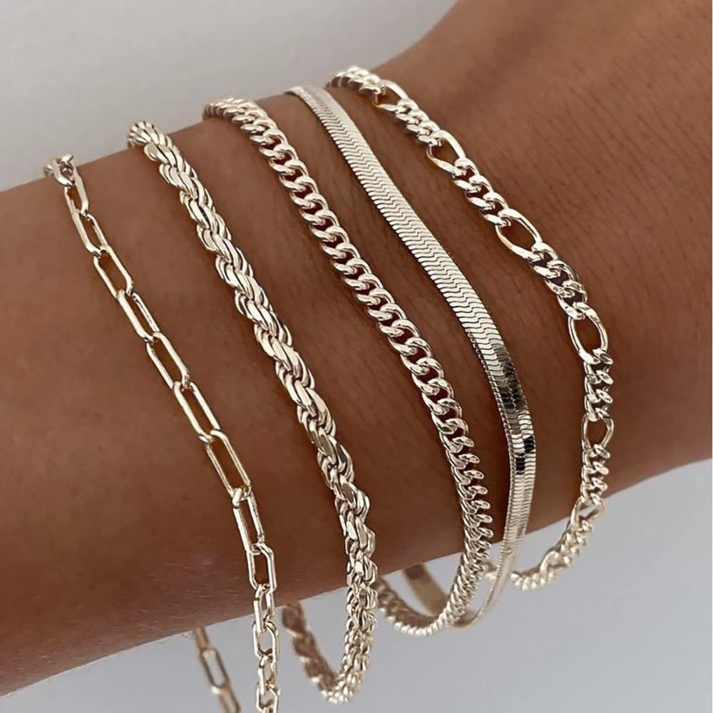 5/6Pcs Multi-layer Cuban Chain Bracelets Gold Color Metal Chain Bangles Chain Bracelet Set Jewelry Style B