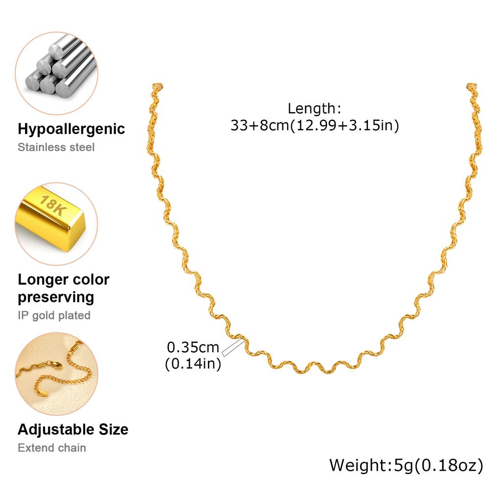 Stainless Steel Chic Wave Chain Necklace for Women, High Quality Gold Plated Choker Necklace, Fashion Waterproof Jewelry Gift