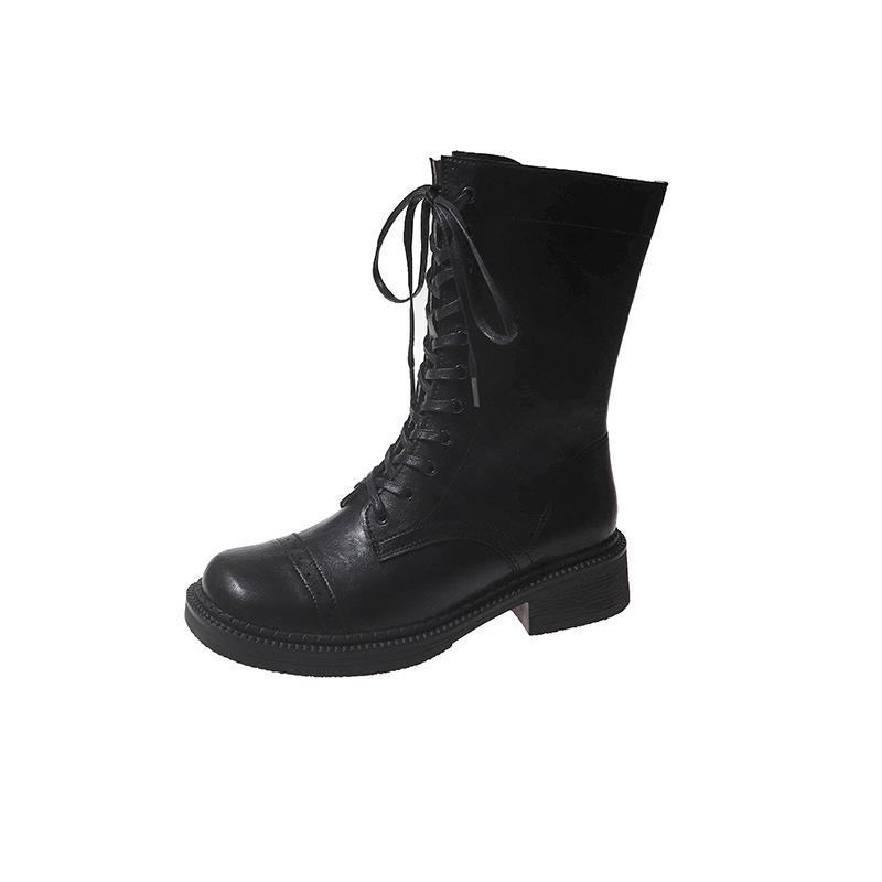 

Korean lace-up British style Martin boots trendy cool babes black medium boots children polish color thin retro thin boots 40 чёрный