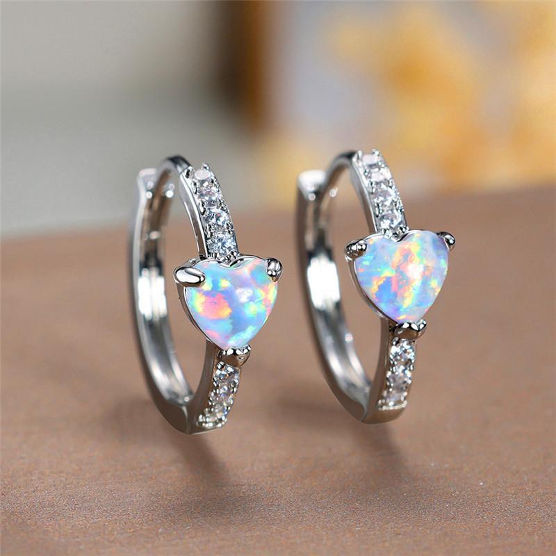 Boho Female White Fire Opal Heart Clip Earrings Vintage Wedding Jewelry For Women