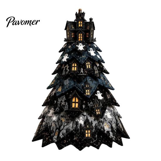 Halloween Theme Interior Decor Wooden Tree Ornament, 2D Flat Quilted Fabric Style Desktop Double Table Decorations Side Wood Sign for Home Party