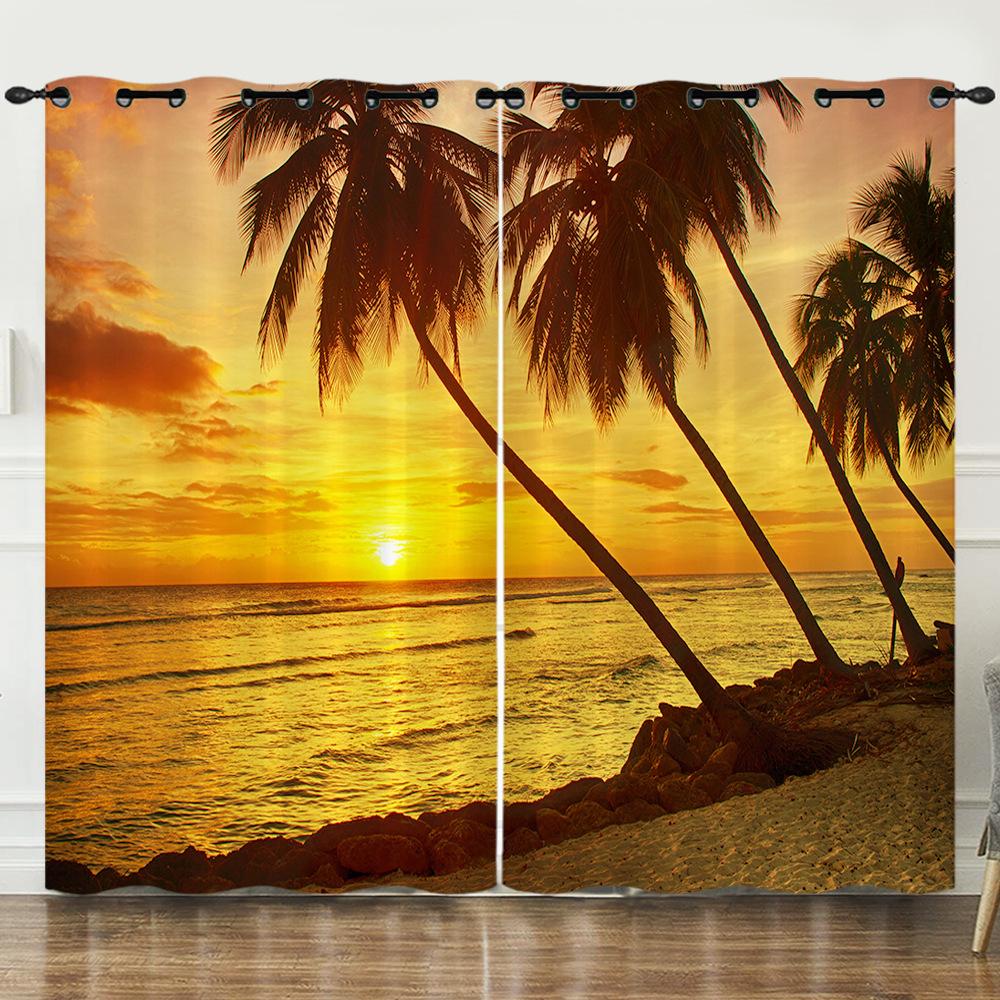 Curtain Summer Coconut Tree Sunset Landscape 3D Digital Printing Blackout Curtain Punching