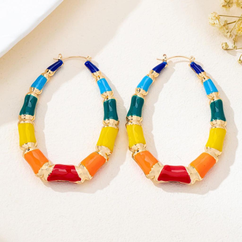 European Geometric Enamel Earrings: Women's Bamboo Joint Hoops