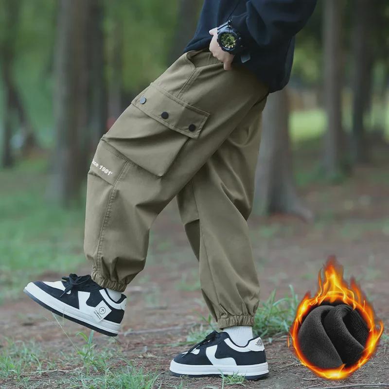 Boys' Windproof Waterproof Pants: Trendy Autumn/Winter 2024 Plus Velvet Workwear Trousers