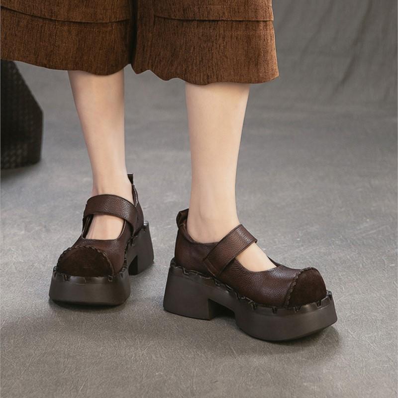 Johnature Genuine Leather Thick Soled High Heels Pumps Fashion Round Toe Women's Platform Shoes