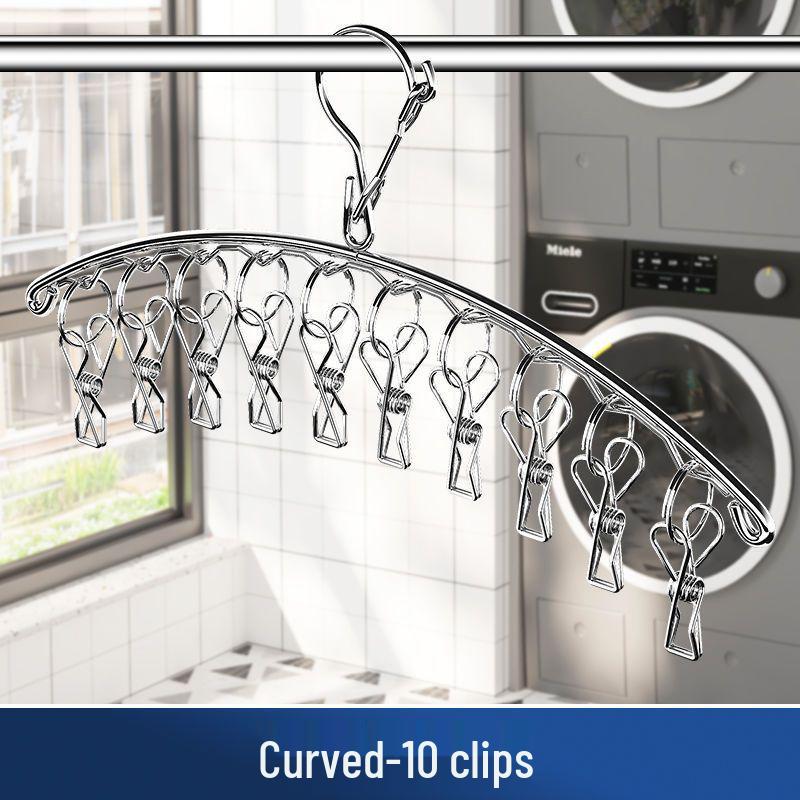 Stainless Steel Multifunctional Windproof Sock and Clothes Hanger with Clips for Home and Dorm Use.