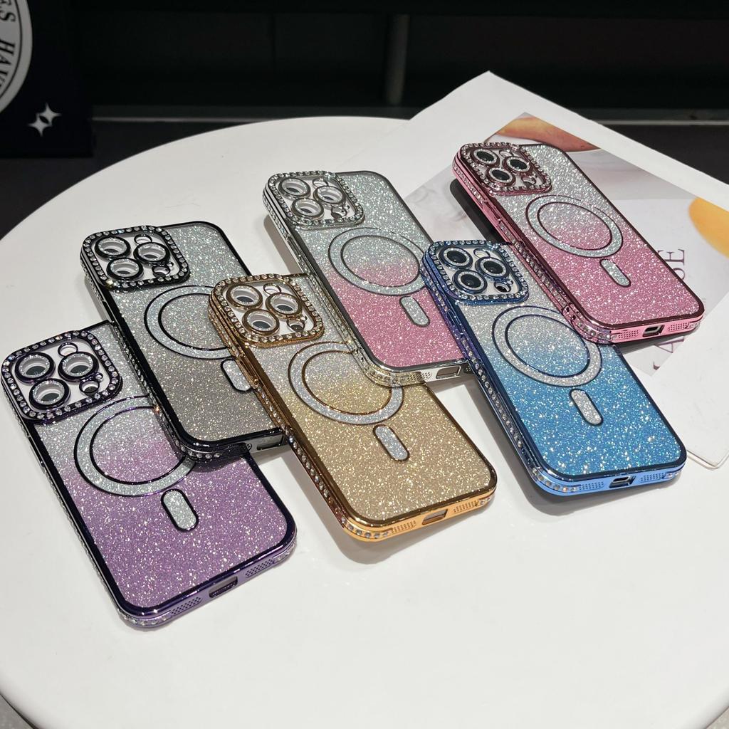 Plating Glitter Bling Diamond Camera Lens Protector Bumper Phone Case For iPhone 17 Air 16 15 14 Pro Max Samsung S25 S24 S23 Magnetic Protective Cover