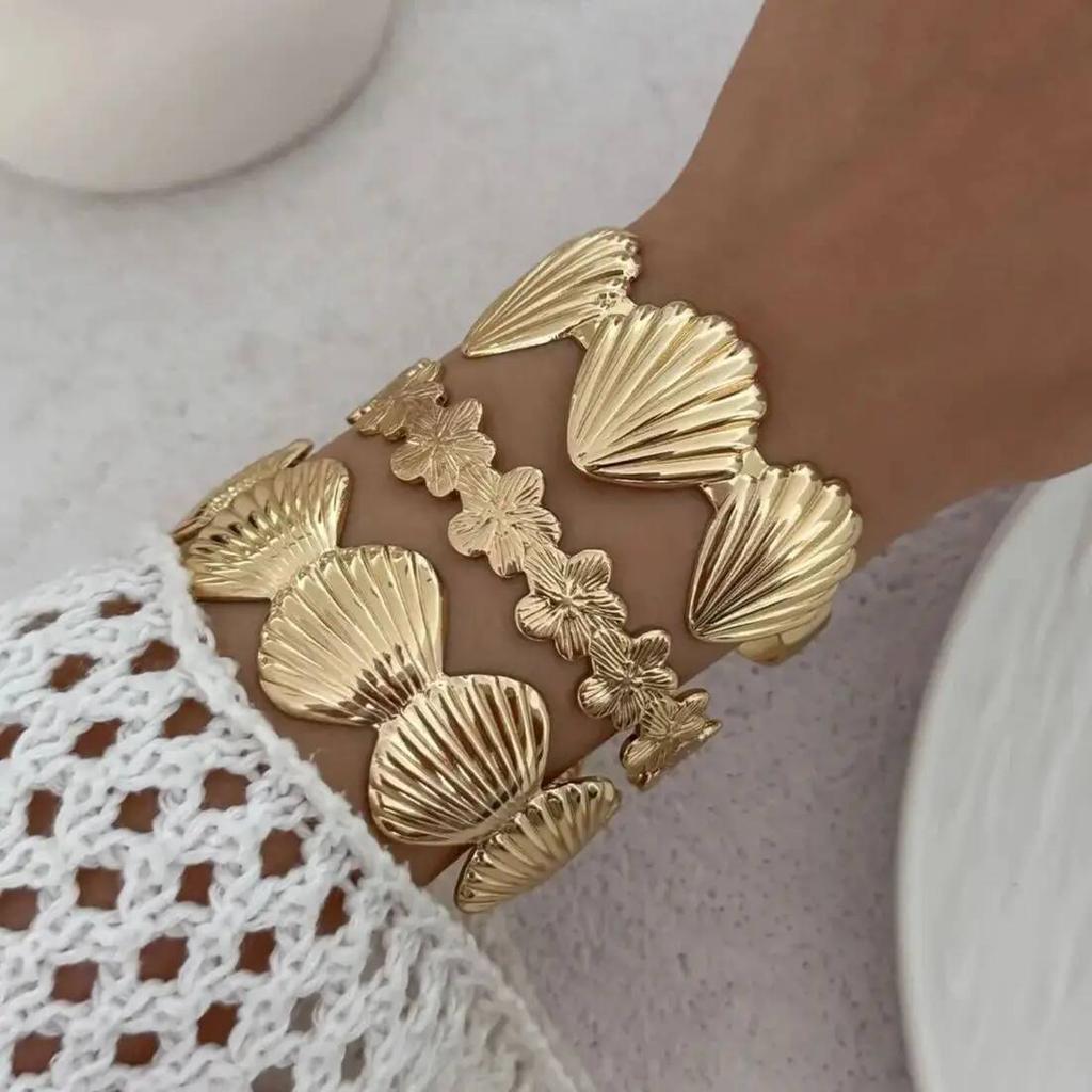 SHIXIN 3 Styles Trendy Flower Scallop Opening Bangle for Women Bohemian Irregular Geometric Cuff Bracelet Female Jewelry Gift