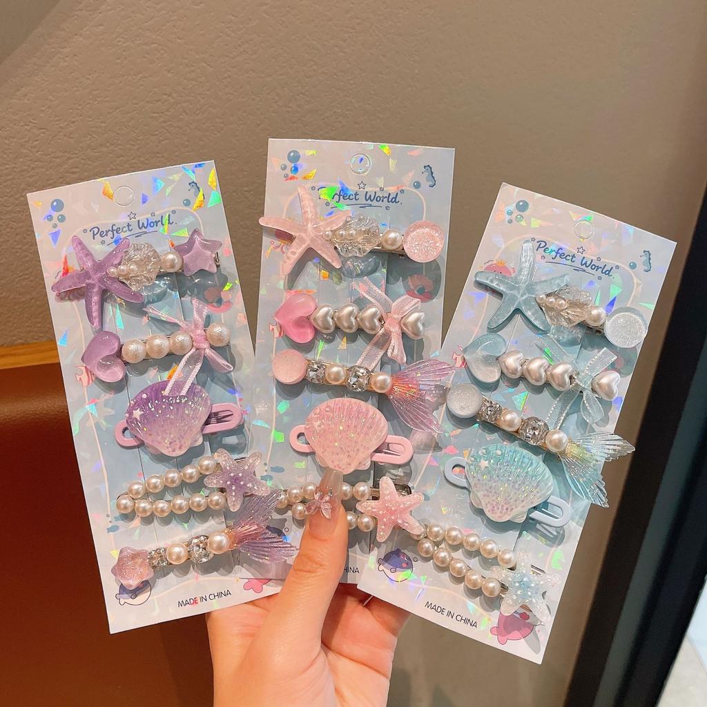 5Pcs Girls Cute Hair Clips Colorful Starfish Shell Pearl Design Duckbill Clip Children's Side Broken Hair Clips Mermaid Princess Hairpin Headdress