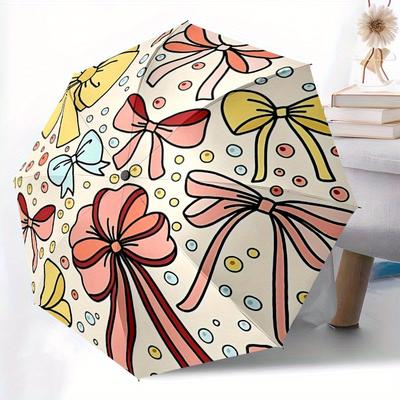 1pc Bow Pattern Automatic Folding Umbrella - 8-Rib Iron Frame, Windproof, Portable Sunshade with Plastic Handle for Travel & Outdoor Activit